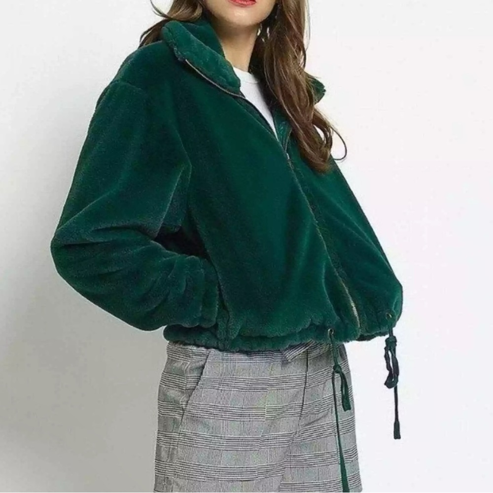 Victoria Secret PINK Know One Cares Faux Fur Green Jacket Size Medium